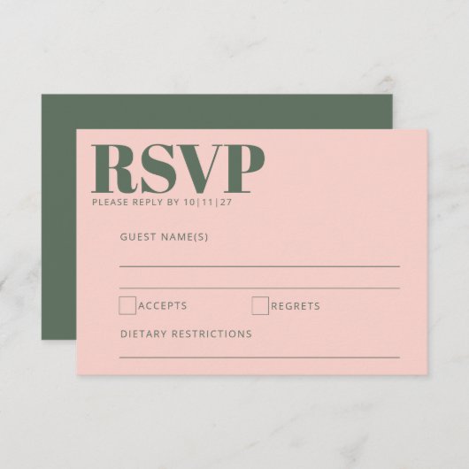Bold Typography Blush Pink Green Modern Wedding RSVP Kaartje (Voorkant / Achterkant)