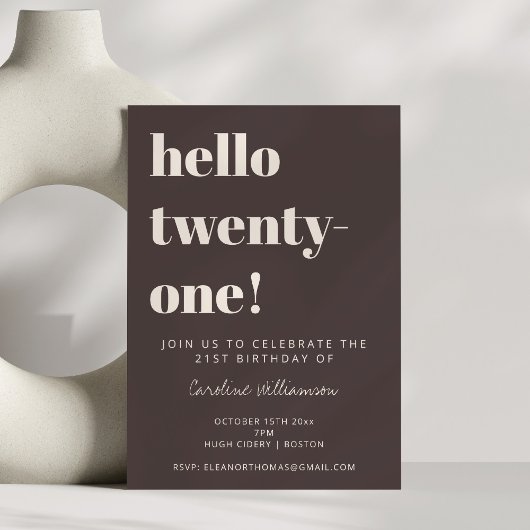 Bold Typography Brown Modern 21st Birthday Party Kaart