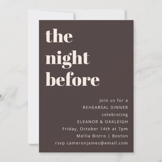 Bold Typography Brown Modern Chic Rehearsal Dinner Kaart (Voorkant)