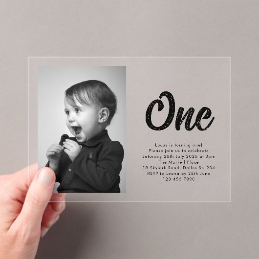 Bold Typography First Birthday Photo Acryl Uitnodigingen (Insitu (Draagbaar))