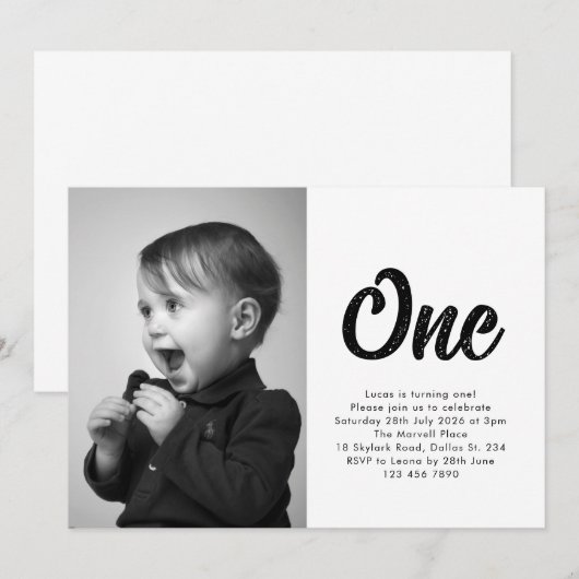 Bold Typography First Birthday Photo Kaart (Voorkant / Achterkant)