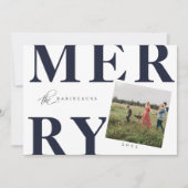 Bold Typography MERRY Holiday Photo Card Navy Blue Feestdagenkaart (Voorkant)