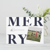 Bold Typography MERRY Holiday Photo Card Navy Blue Feestdagenkaart (Staand voorkant)