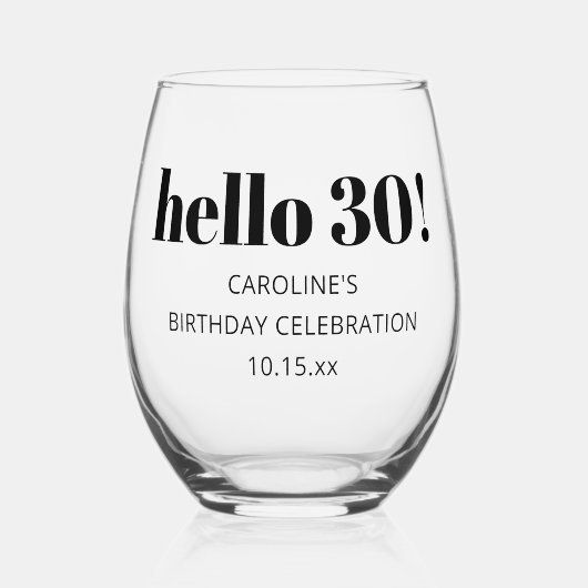 Bold Typography Modern 30th Birthday Party Custom Wijnglas Zonder Voet (Voorkant)