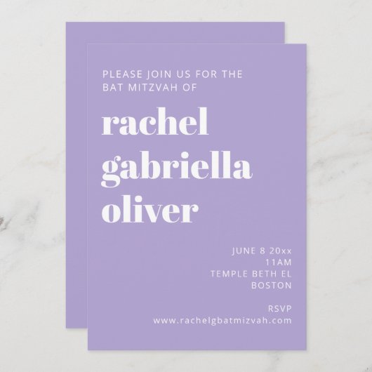Bold Typography Modern Lavender Bat Mitzvah Kaart (Voorkant / Achterkant)