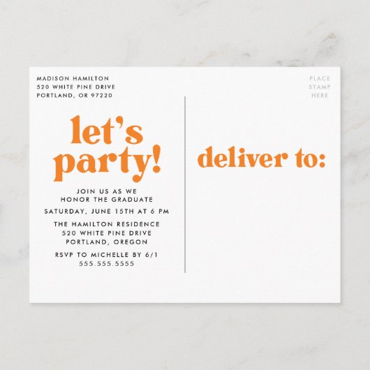 Bold Typography Oranje Photo Graduparty Uitnodiging Briefkaart (Achterkant)