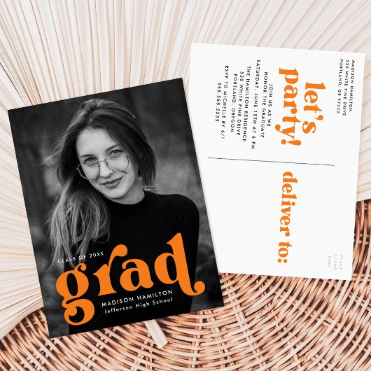 Bold Typography Oranje Photo Graduparty Uitnodiging Briefkaart