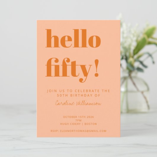 Bold Typography Peach Orange Modern 50th Birthday Kaart (Staand voorkant)