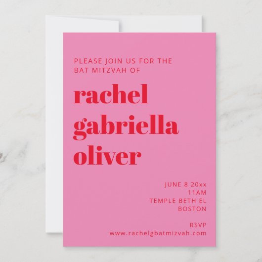 Bold Typography Pink and Red Modern Bat Mitzvah Kaart (Voorkant)