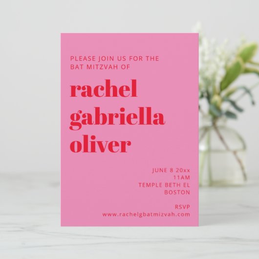 Bold Typography Pink and Red Modern Bat Mitzvah Kaart (Staand voorkant)