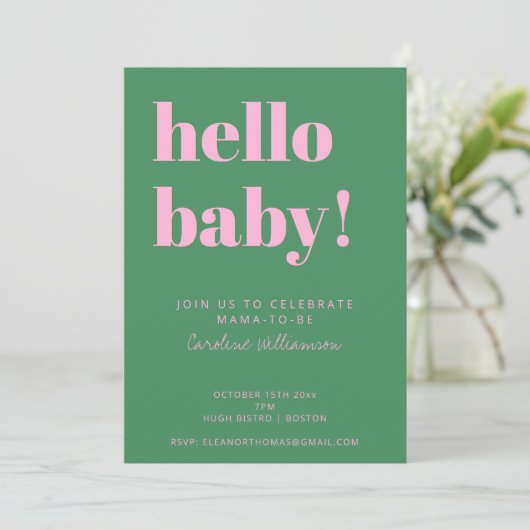 Bold Typography Pink Green Modern Baby Shower Kaart (Staand voorkant)