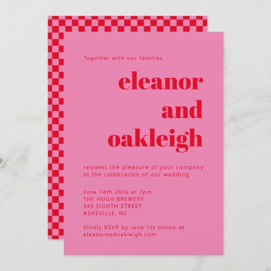 Bold Typography Pink Red Checkerboard Weddenschap Kaart (Voorkant / Achterkant)