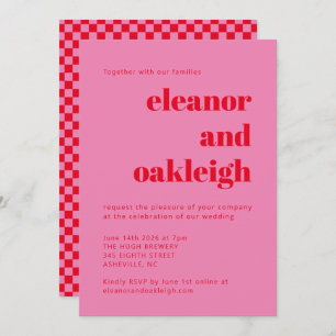 Bold Typography Pink Red Checkerboard Weddenschap Kaart
