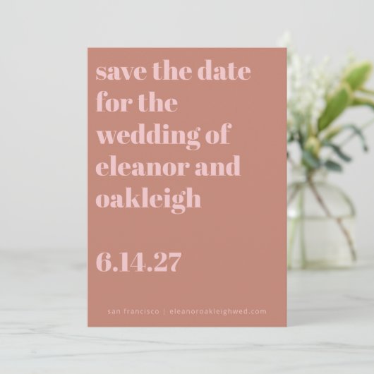 Bold Typography Terracotta Blush Modern Wedding Save The Date (Staand voorkant)