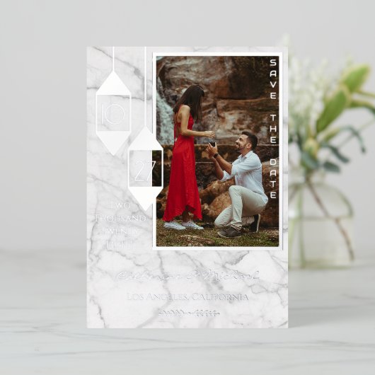 Bold Typography White Marble Photo Minimal Folie Uitnodiging (Staand Voorkant)