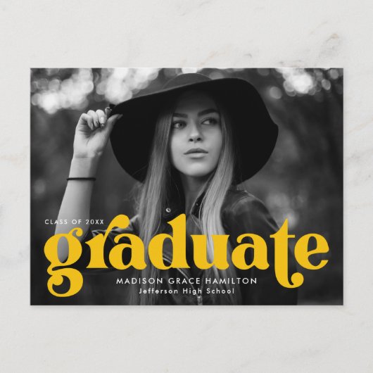 Bold Typography Yellow Photo Graduparty Uitnodiging Briefkaart (Voorkant)