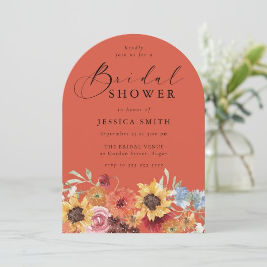 Bold Vibrant Floral Modern Arch Bridal Shower Kaart (Staand voorkant)