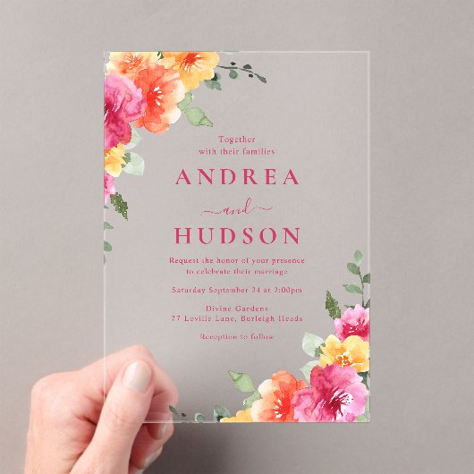 Bold & Vibrant Lente Zomer Bloemen Huwelijk Acryl Uitnodigingen (Insitu (Draagbaar))