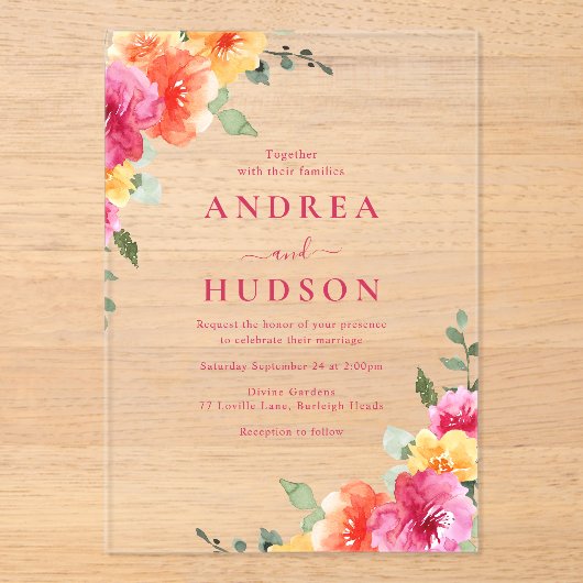 Bold & Vibrant Lente Zomer Bloemen Huwelijk Acryl Uitnodigingen (Voorkant)