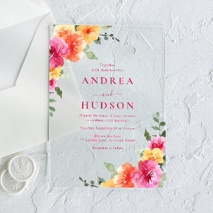 Bold & Vibrant Lente Zomer Bloemen Huwelijk Acryl Uitnodigingen