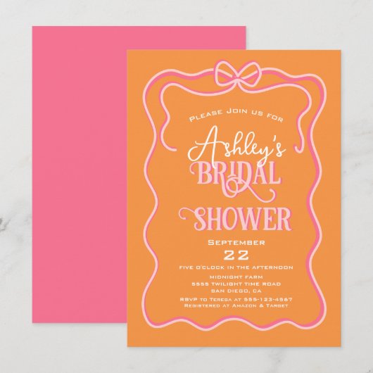 Bold Wavy Lijst Bow Roze Sinaasappel Vrijgezellenf Kaart (Voorkant / Achterkant)
