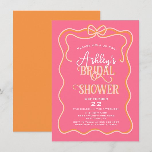 Bold Wavy Lijst Bow Roze Sinaasappel Vrijgezellenf Kaart (Voorkant / Achterkant)