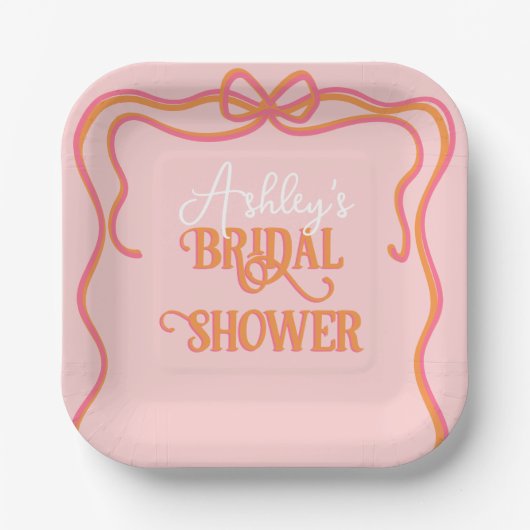 Bold Wavy Lijst Bow Roze Sinaasappel Vrijgezellenf Papieren Bordje (Voorkant)