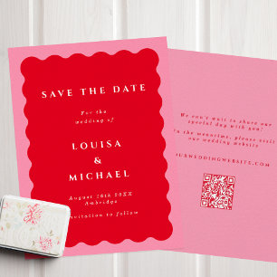 Bold Wavy Red en roze QR-code bruiloft Save The Date