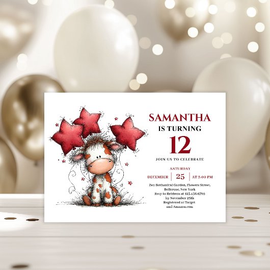 Bold whimsical animals cow kids birthday invite kaart