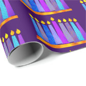 Bold Whimsical Hanukkah Menorah Candles op Paars Cadeaupapier (Rol Hoek)
