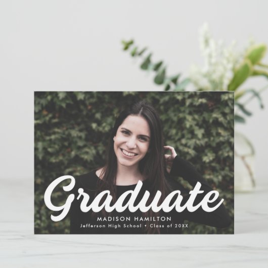 Bold White Script Photo Afstuderen Aankondiging (Staand voorkant)