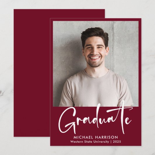 Bold White Script Photo Burgundy Afstuderen Aankondiging (Voorkant / Achterkant)
