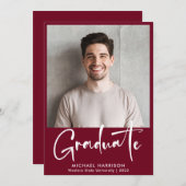 Bold White Script Photo Burgundy Afstuderen Aankondiging (Voorkant / Achterkant)