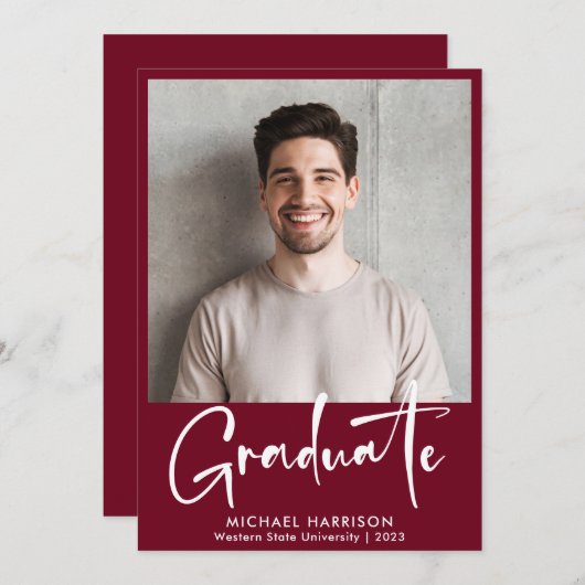 Bold White Script Photo Burgundy Afstuderen Aankondiging (Voorkant / Achterkant)
