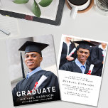Bold White Typography Photo Graduparty Kaart<br><div class="desc">Eenvoudige maar elegante aankondiging van het afstuderen en partijuitnodiging. De foto van het afstudeerder vult de voorzijde van de kaart, met "Afstuderen" in vette, minimale witte typografie. Voeg hun naam, school, universiteit of universitair jaar en lesjaar toe in de moderne witte typografie. Voor de rug, voeg een extra foto en...</div>