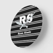 Bold Wht Monogram & Name, Lt Grey Lines, Black Vs2 Ronde Klok (Hoek)
