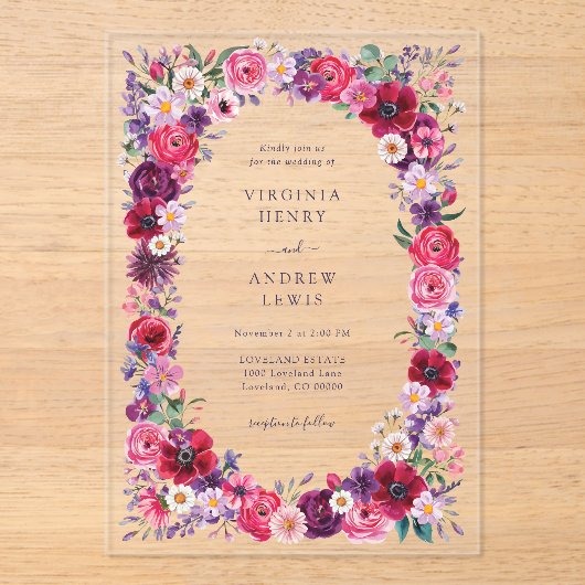 Bold Wildflower Wedding Acryl Uitnodigingen (Voorkant)