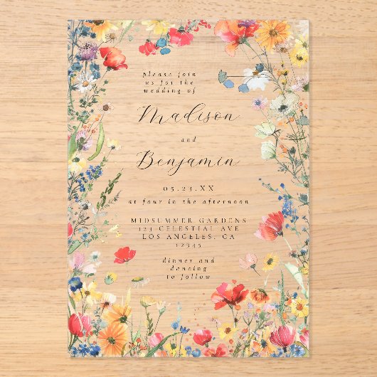 Bold Wildflower Wedding Acryl Uitnodigingen (Voorkant)