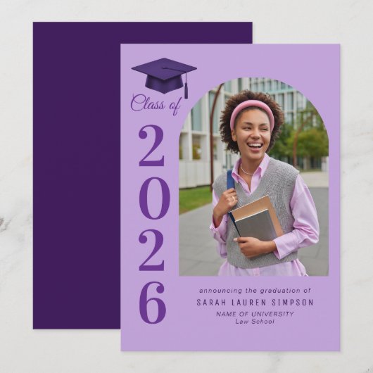 Bold year purple graduation photo announcement kaart (Voorkant / Achterkant)