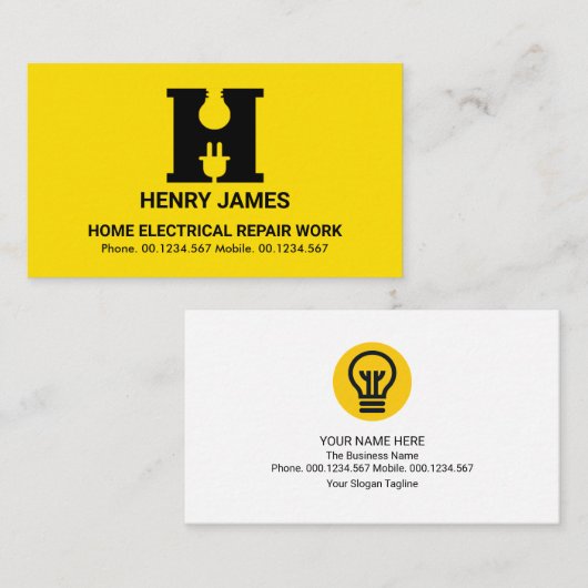 Bold Yellow Alphabet-H Bulb Plug Motif Electricia Visitekaartje (Voorkant / Achterkant)