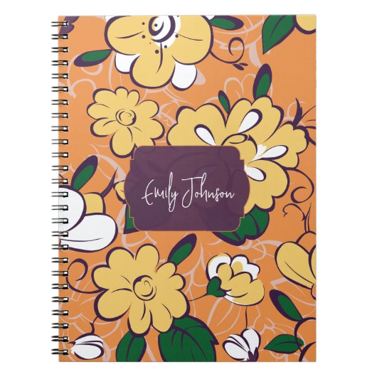 Bold Yellow Bloom Orange Floral Script Custom Name Notitieboek (Voorkant)