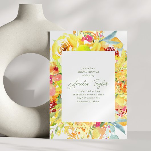 Bold Yellow Watercolor Floral Bridal Shower Kaart