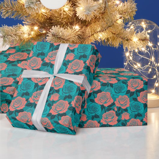 Boldly Stylized Roses In Shades Of Teal And Turquo Cadeaupapier (Feestdagen)