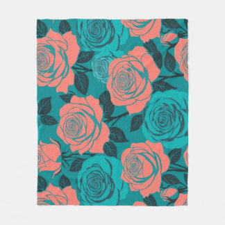 Boldly Stylized Roses In Shades Of Teal And Turquo Fleece Deken