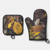 Bolete paddenstoel met gele bladeren ovenwant & pannenlap set (Voorkant)