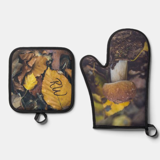 Bolete paddenstoel met gele bladeren ovenwant & pannenlap set (Voorkant)