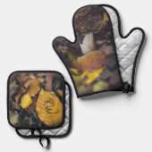 Bolete paddenstoel met gele bladeren ovenwant & pannenlap set (Voorkant / Achterkant)