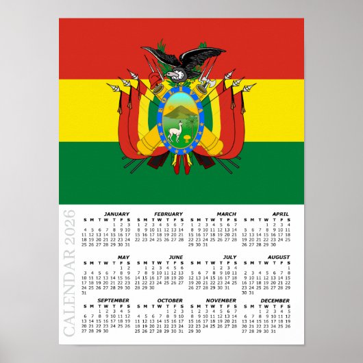 Bolivia 2026 Calendar, Large, Bolivian Flag Poster (Voorkant)