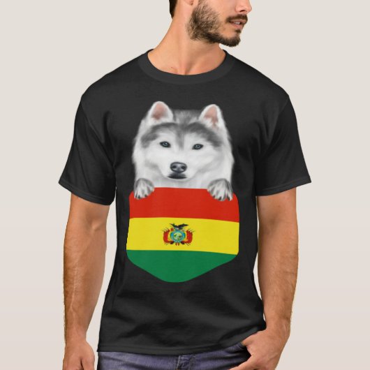 Bolivia Flag Siberian Husky Dog In Pocket T-shirt (Voorkant)