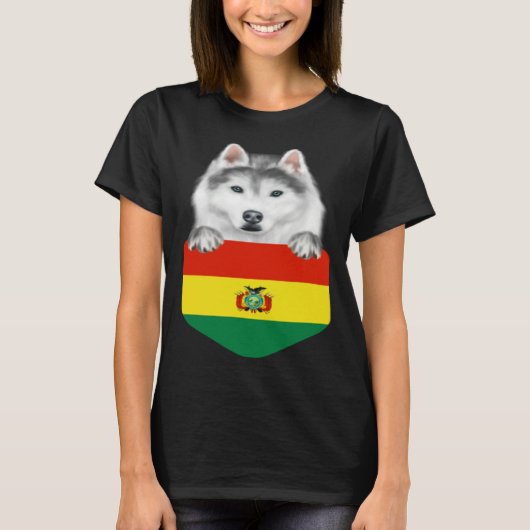 Bolivia Flag Siberian Husky Dog In Pocket T-shirt (Voorkant)